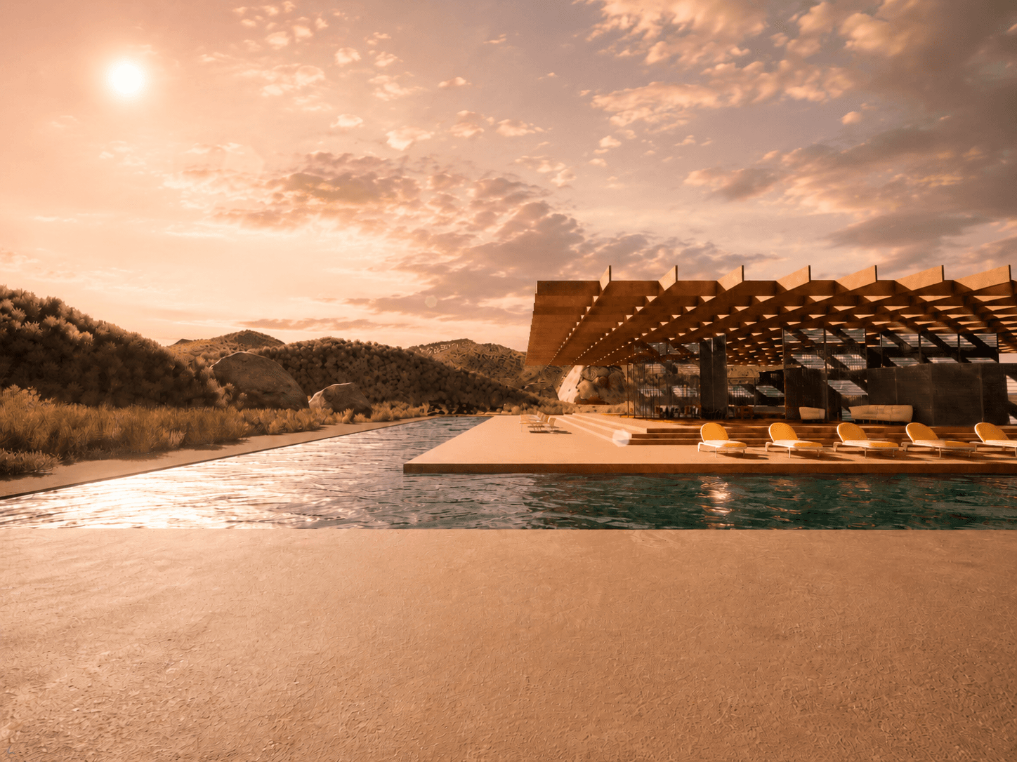 Cassina Re[Framed] — the timber canopy and pool terrace at desert sunset, lounge chairs along the water