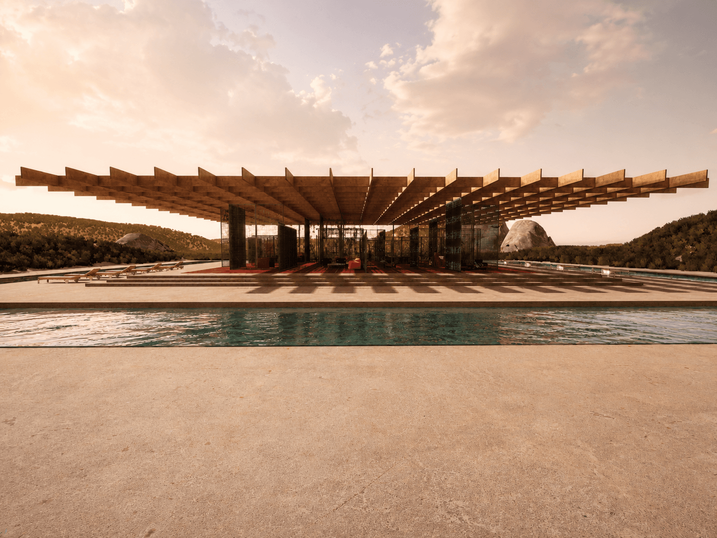 Cassina Re[Framed]: the coffered timber canopy floating over the perimeter pool at sunset, the red exhibition court visible beneath it.