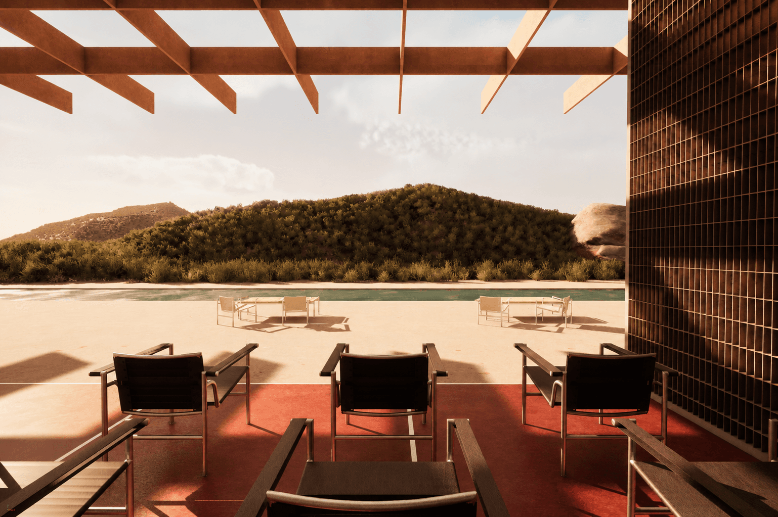 A view across the red court toward the pool, tubular-frame chairs in the foreground.