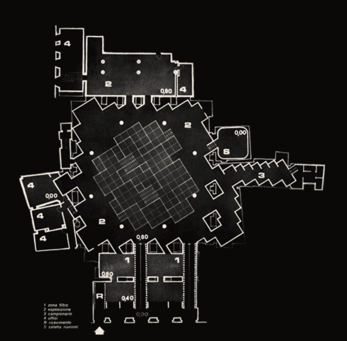 A dark archival plate of the historical floor plan of Mario Bellini's first Cassina showroom, its rooms labeled in Italian: filter zone, exposition, sample rooms, offices, reception.