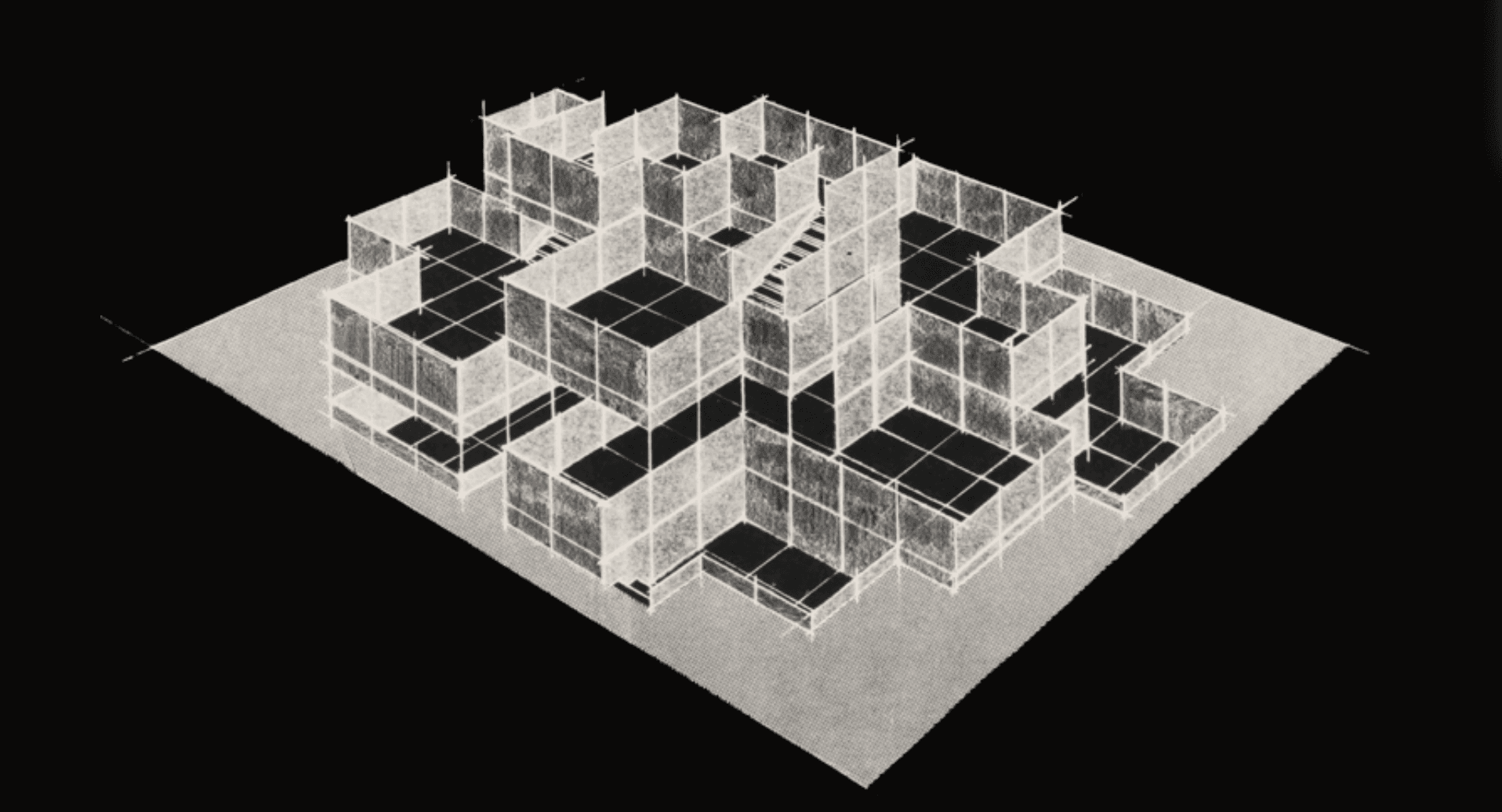 A dark archival plate of the original showroom's mesh-box exhibition system on a square plinth, drawn in axonometric.