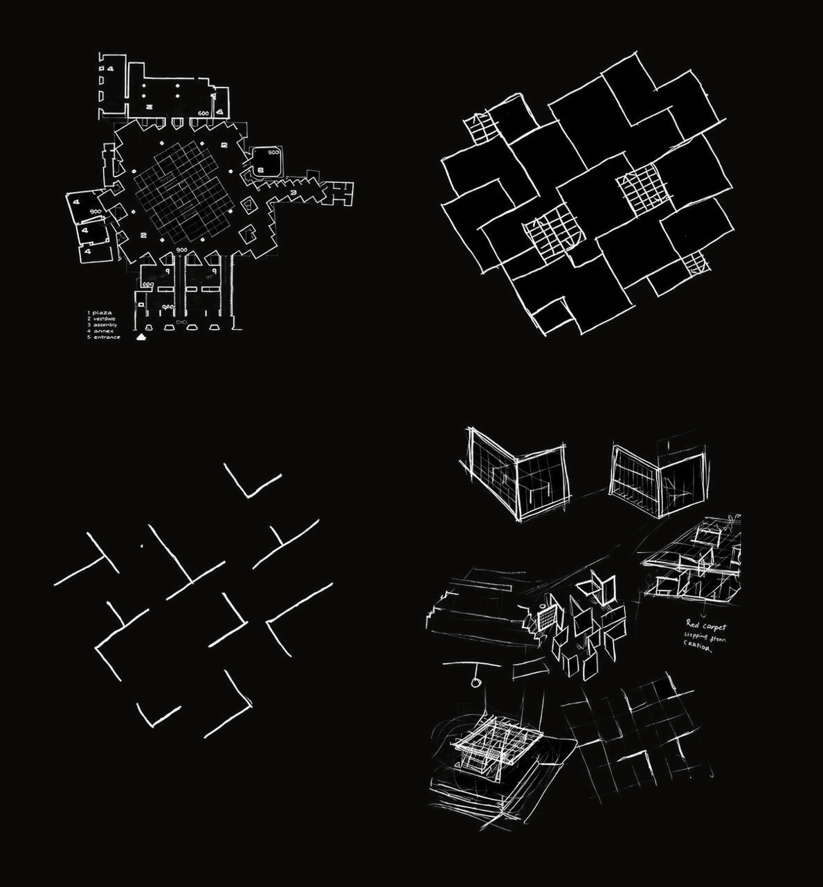 A dark sheet of plan-fragment studies: pinwheel wall clusters, corner perspectives, and a small canopy study.