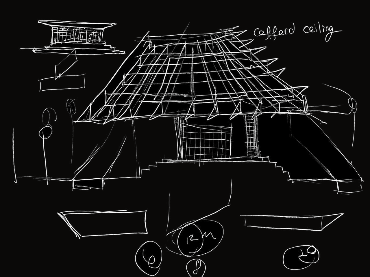 Concept sketch of a coffered timber canopy over a stepped podium, annotated "coffered ceiling" by hand, with plan doodles below, pencil strokes reading light on the dark sheet.