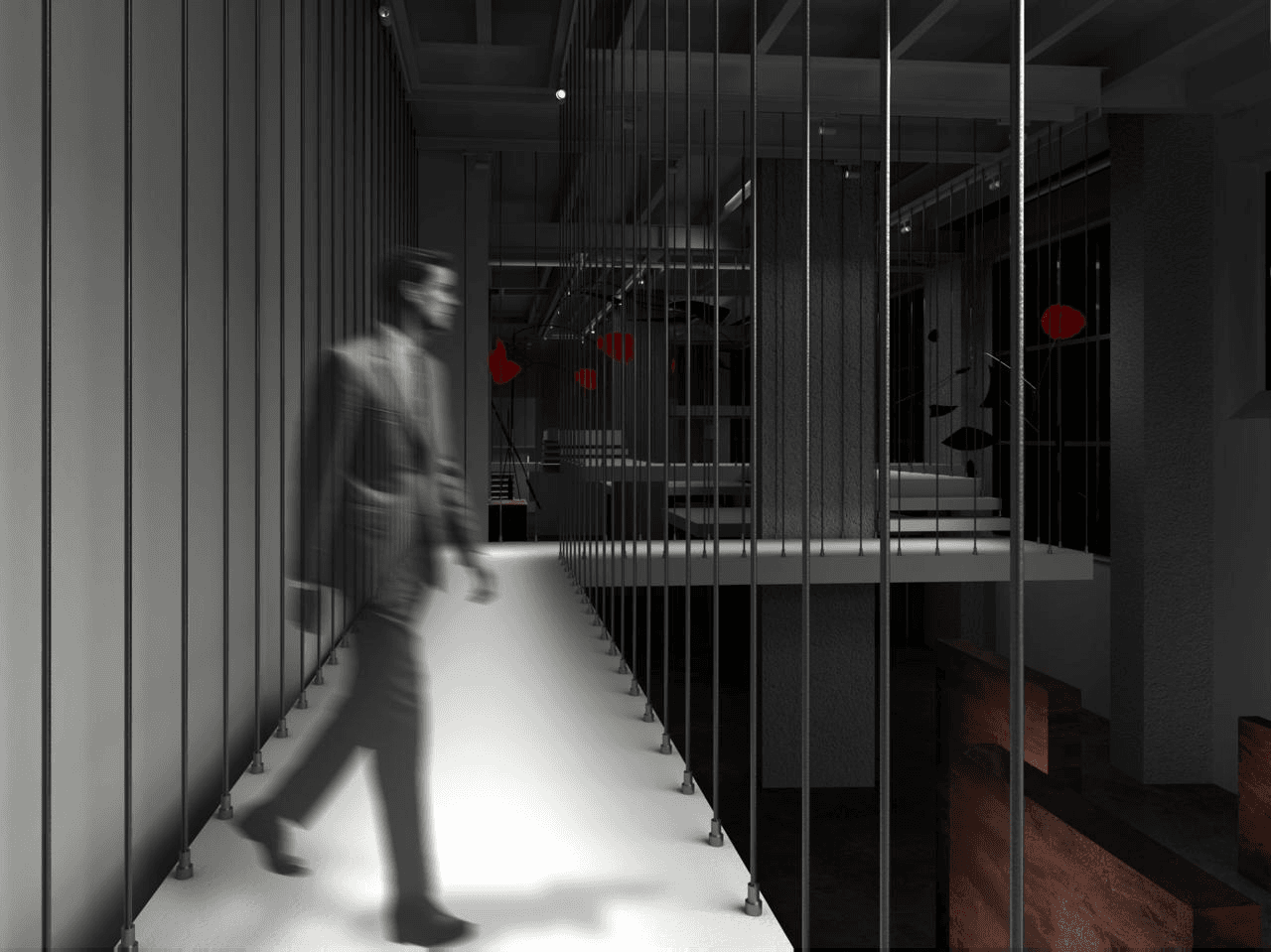 Equilibriums — dark exhibition lighting render