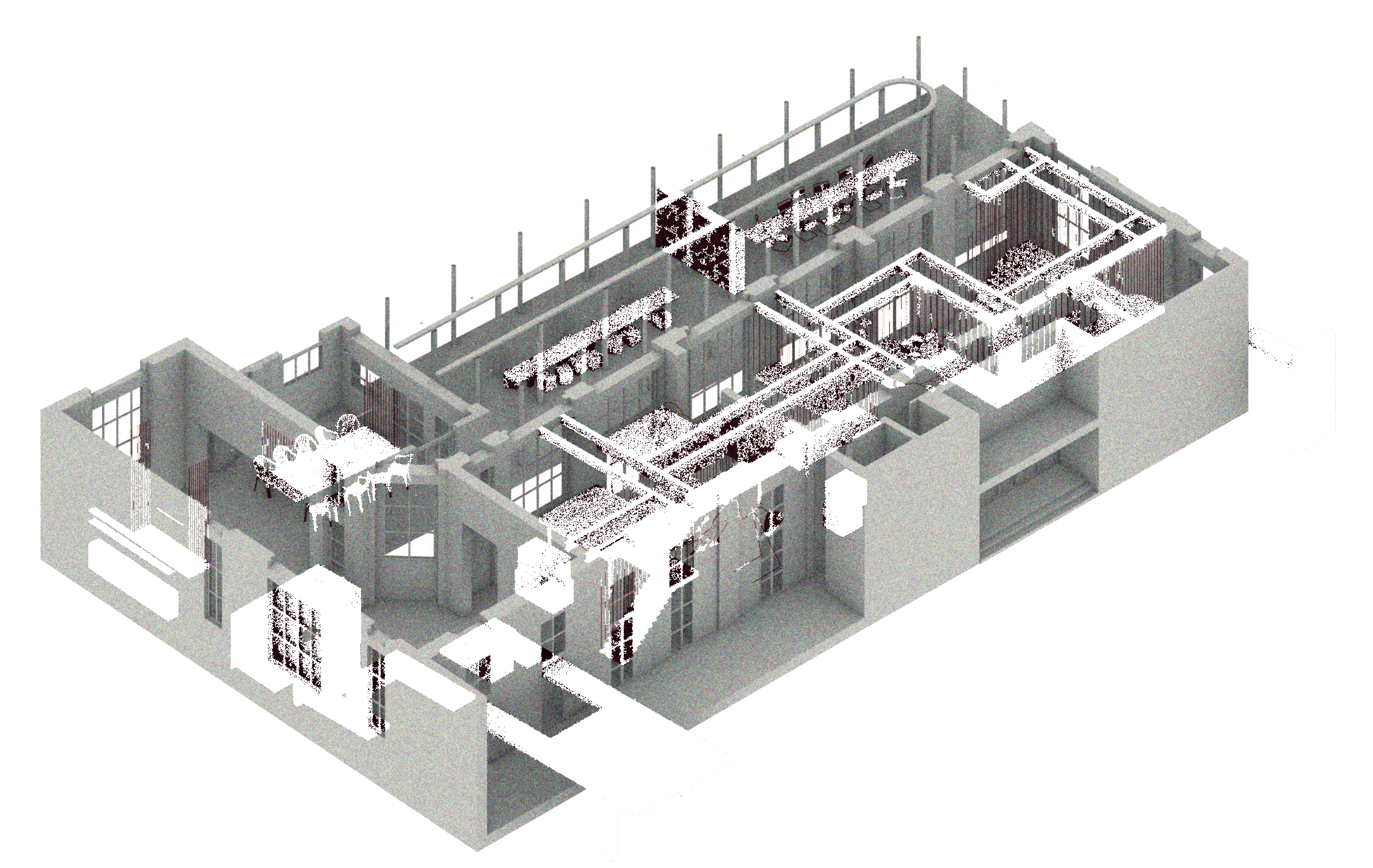 Cutaway axonometric of the whole floor in grey, with every element of the intervention (suspended planes, hung mobiles, furniture and fixtures) isolated in red.