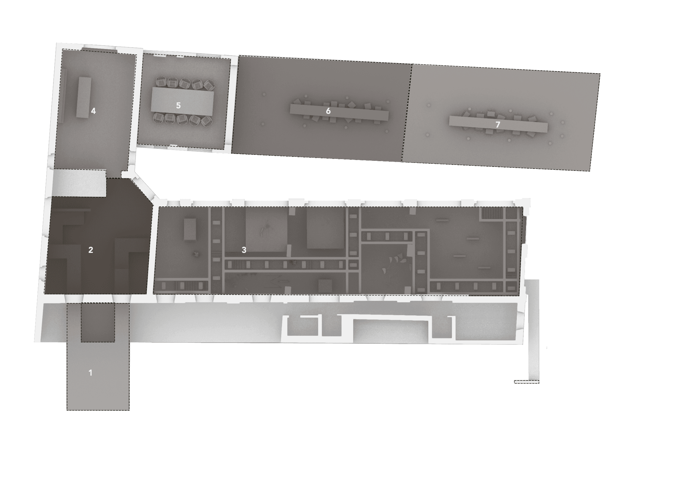 Daytime lighting hierarchy: the plan shaded by measured illuminance, each of the seven zones numbered.