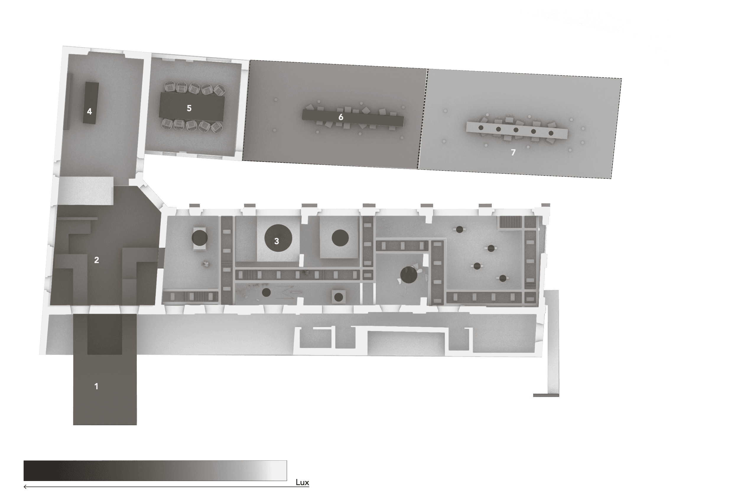 Night-time lighting hierarchy: the same plan with artificial light pooling around the fixtures, with a lux gradient legend.