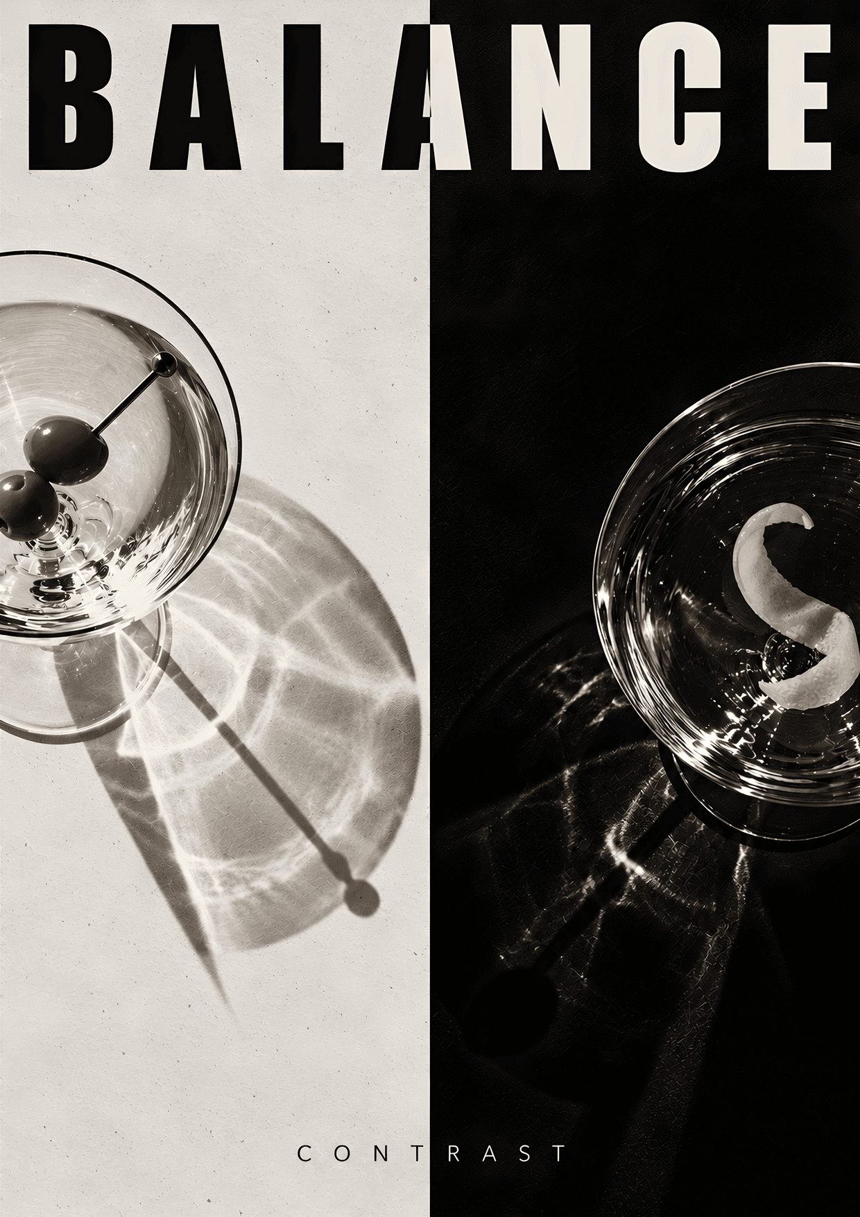 The menu cover: BALANCE set across a split page, a martini with olives in light on the left and one with a lemon twist on black on the right, CONTRAST at the foot.