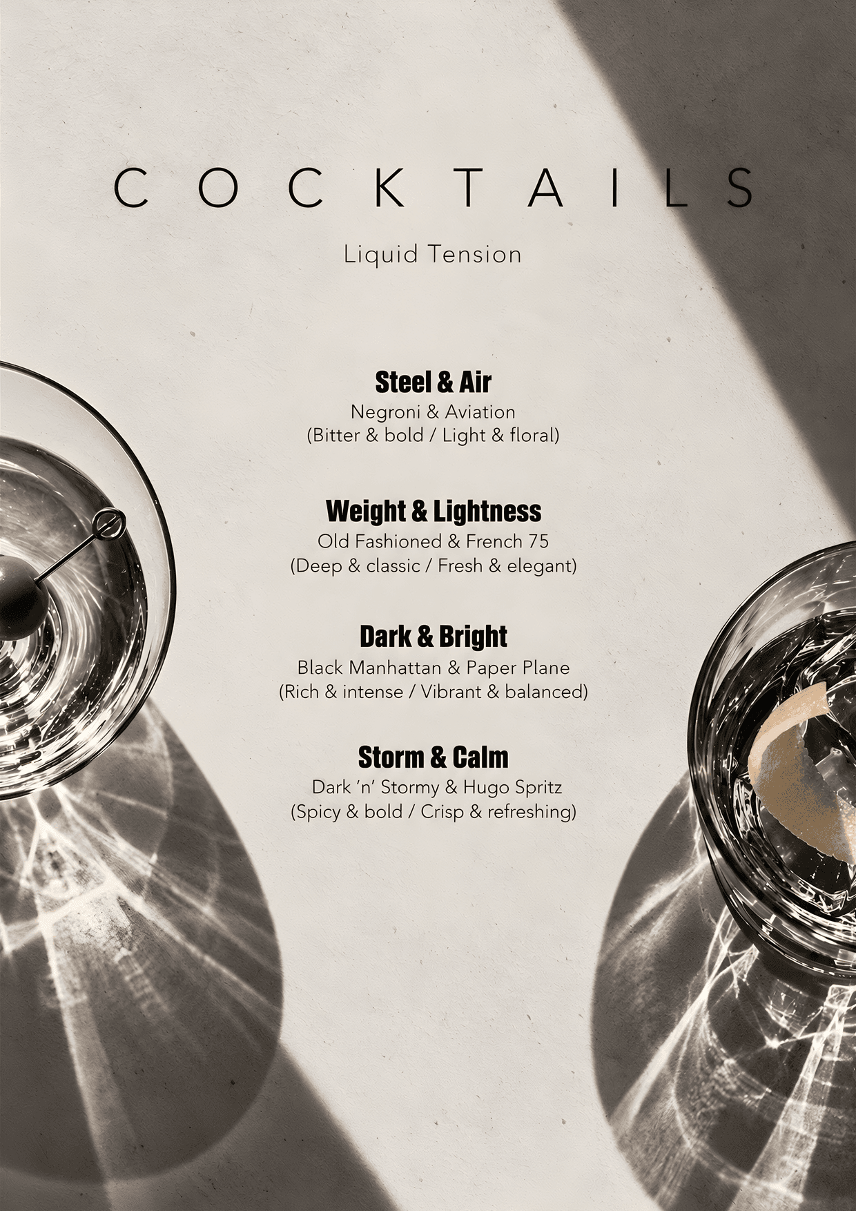 The menu inside: COCKTAILS, Liquid Tension, four paired drinks listed over glasses casting long shadows.