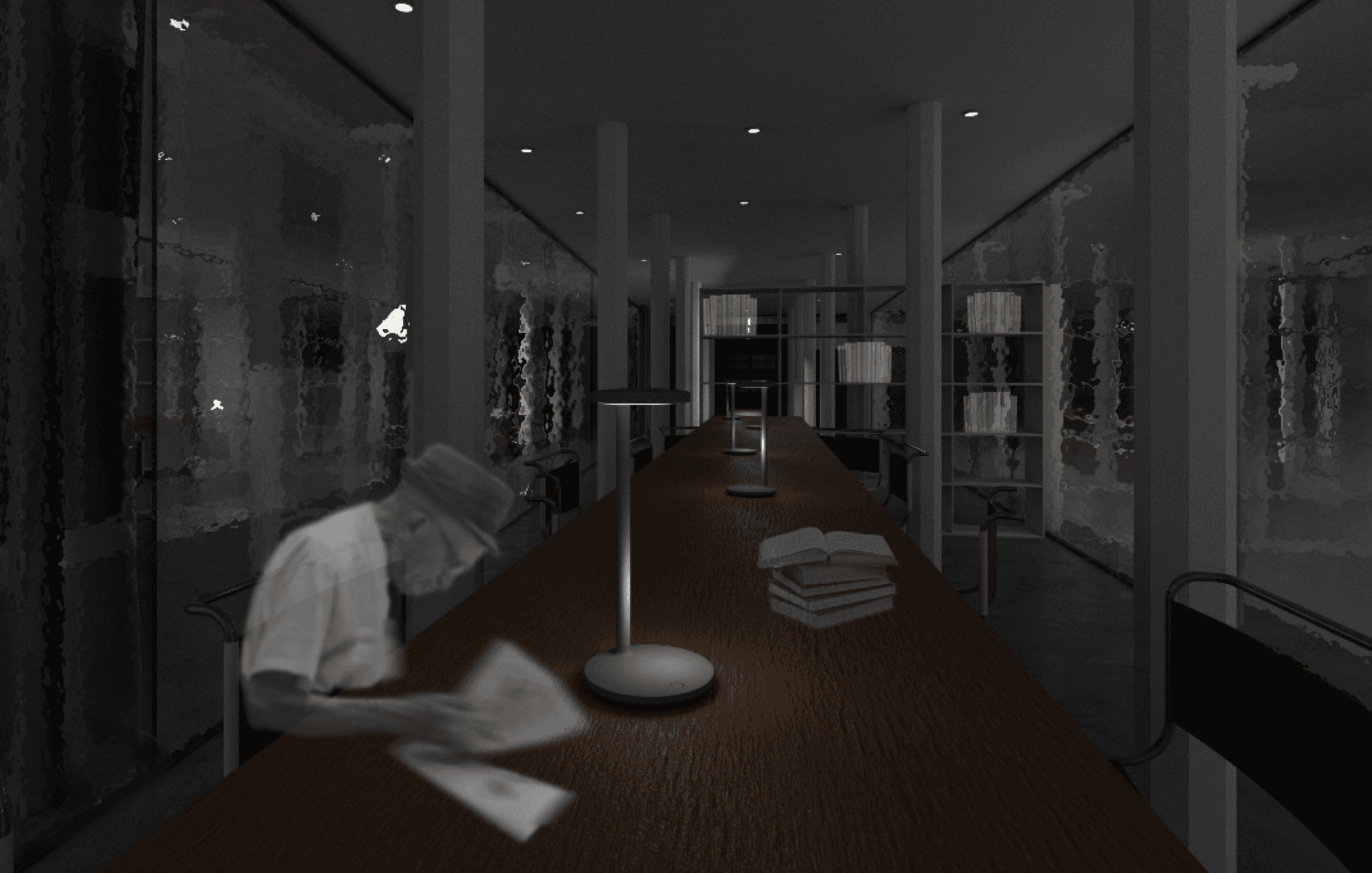 A figure seated at the near end of the long reading table, paging through a document under a line of desk lamps, books stacked at hand and bookshelves at the far end between reflective, textured walls.