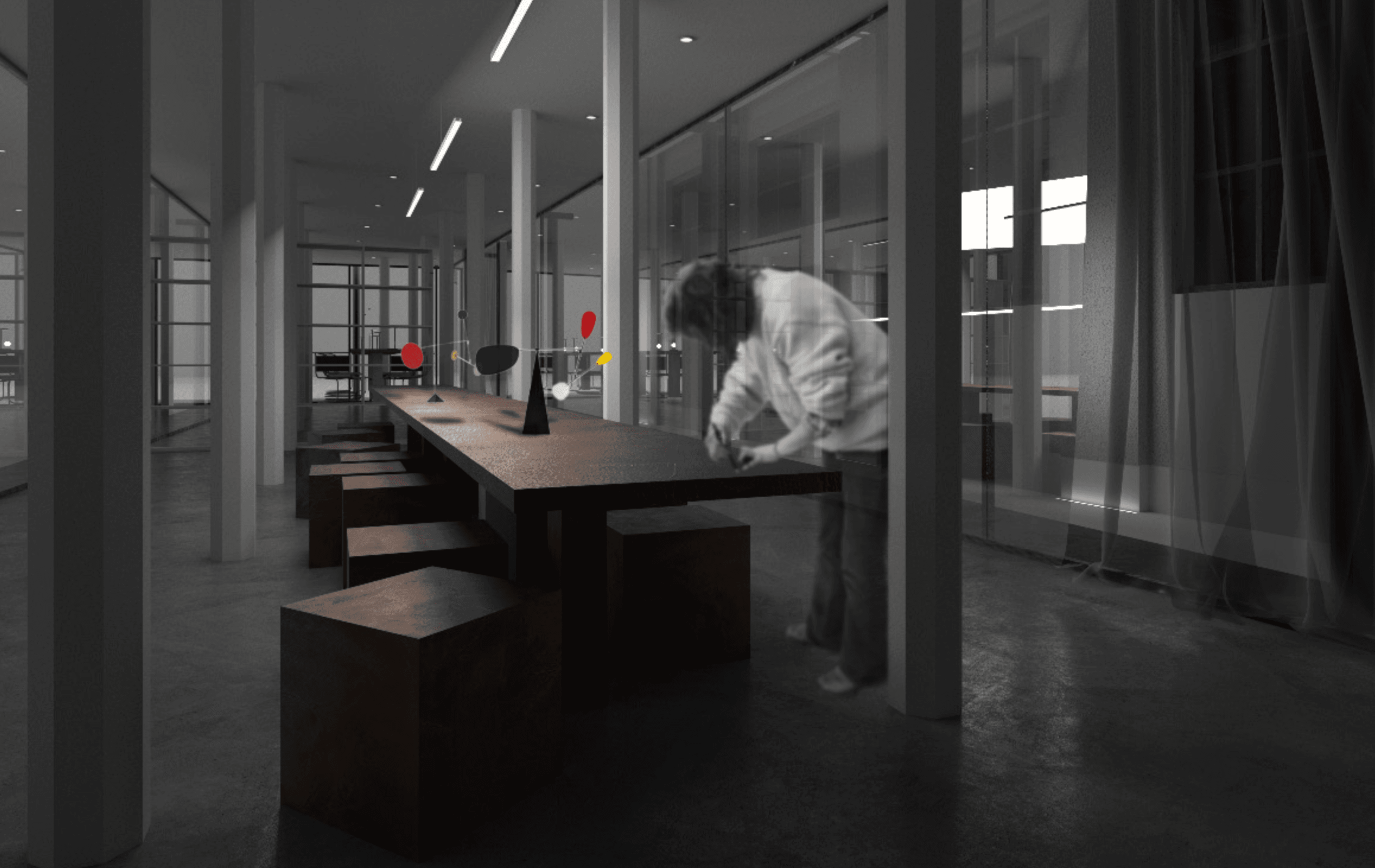 A Calder-style mobile with red, blue and yellow vanes hanging over a long dark table with weathered steel block stools, a figure at its edge.