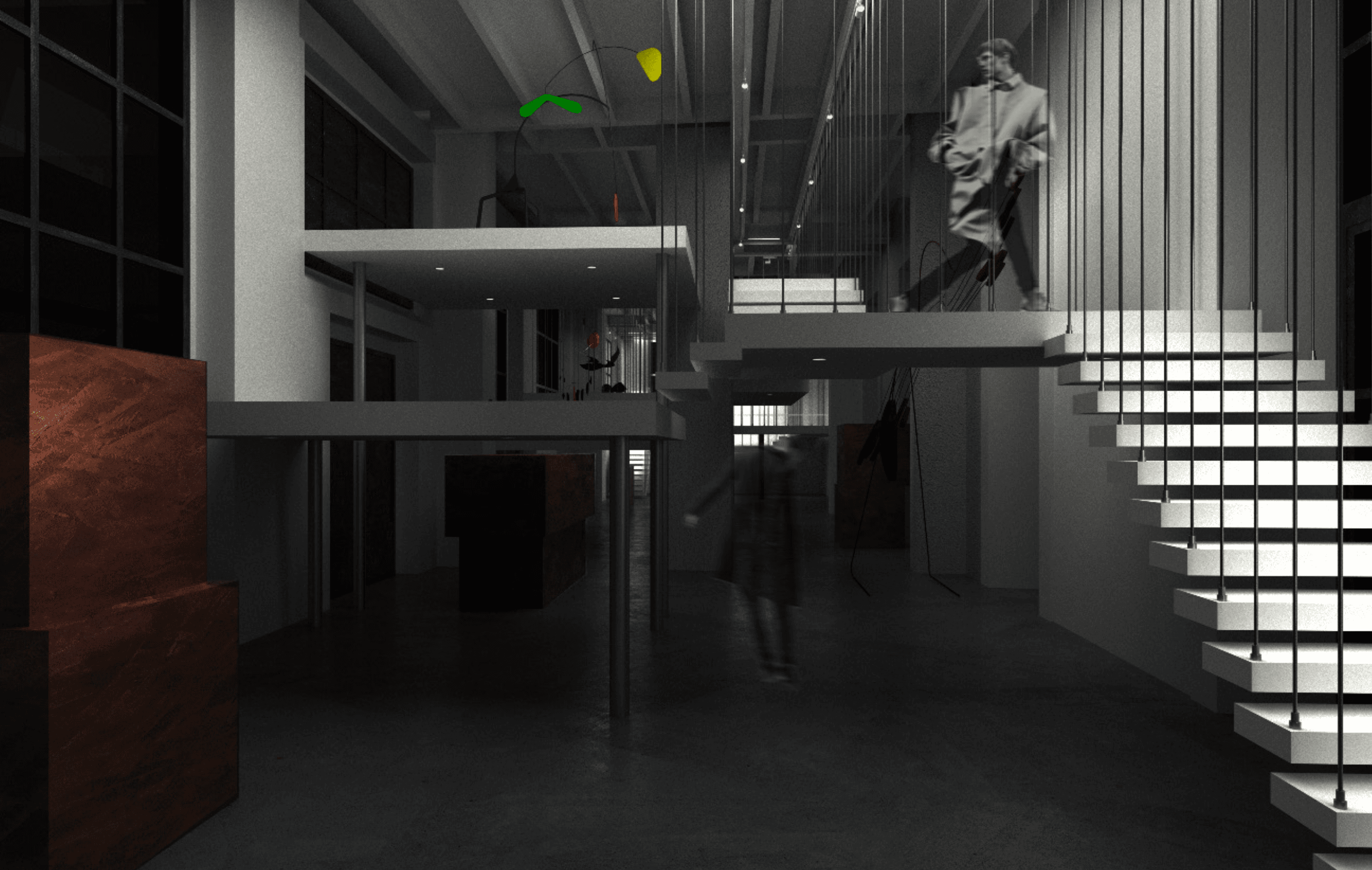 The double-height void at night: weathered steel masses on the floor, a green and yellow mobile turning high in the space, and a stair hung on wires rising past the upper platforms.
