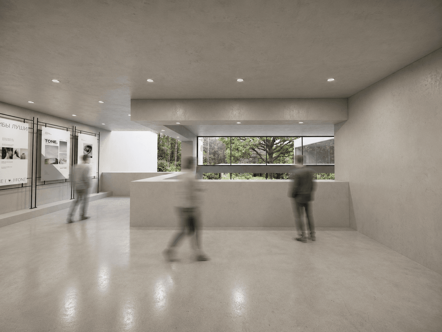 Upper gallery: printed posters on glass display racks, a long window framing a mature oak outside.