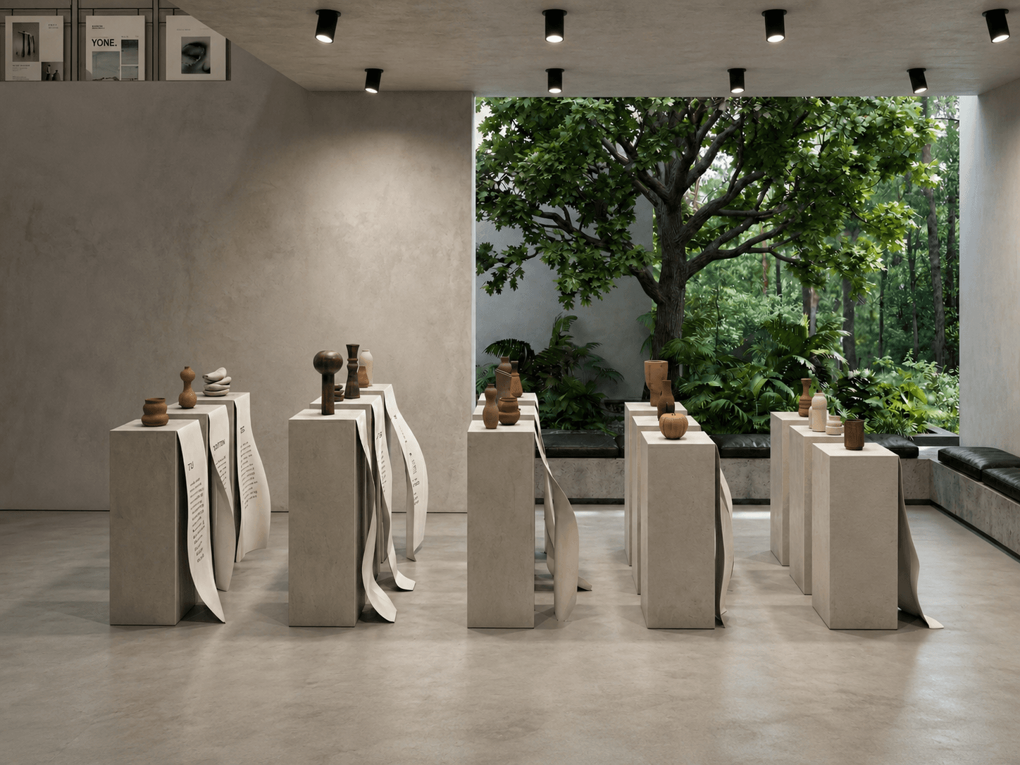 Pedestals with small vessels, each trailing a draped paper label, a courtyard tree filling the opening beyond.