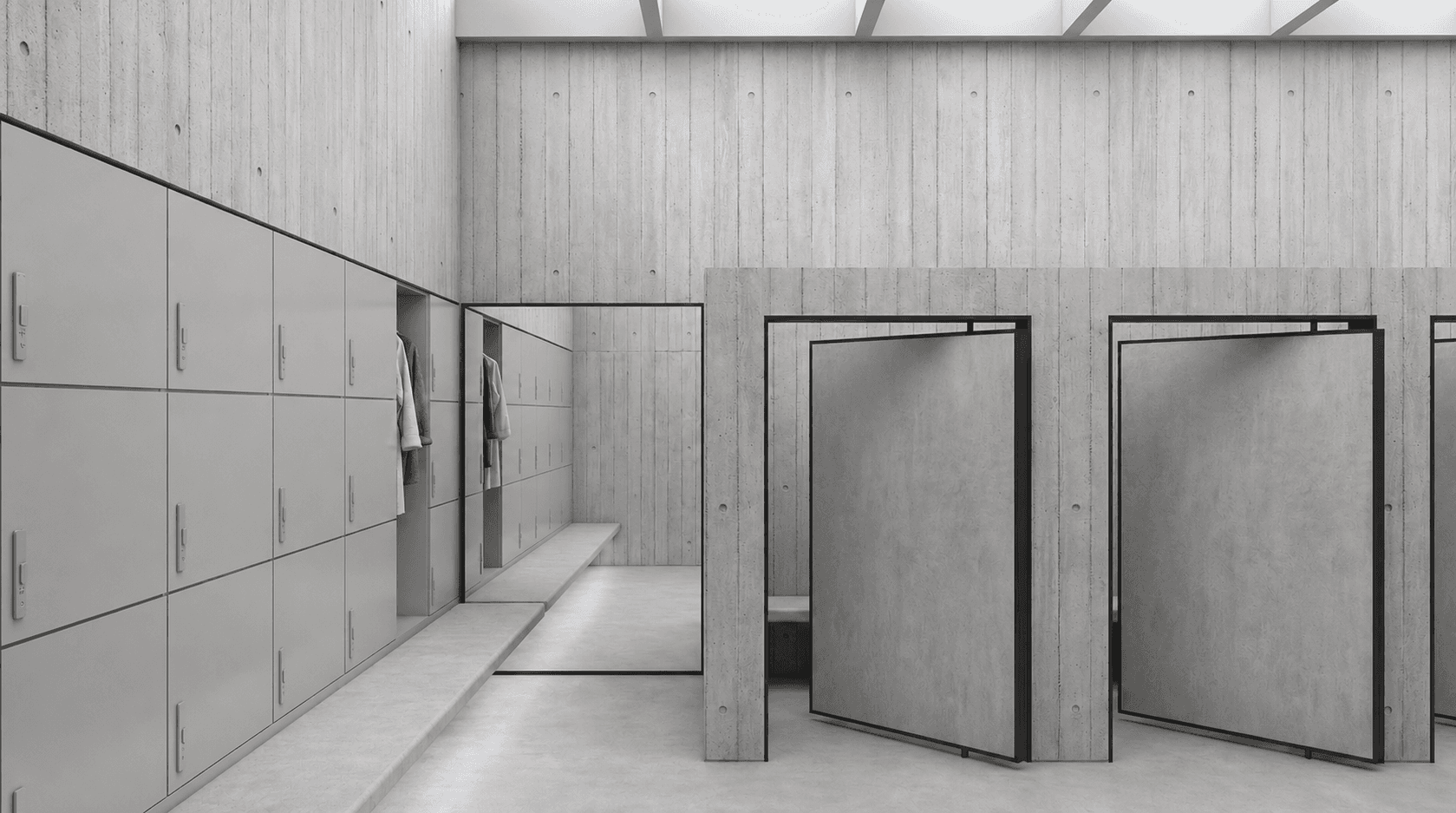 Changing room: board-formed concrete cubicles with pivoting doors, a locker wall with hanging robes at left, a skylit strip above.