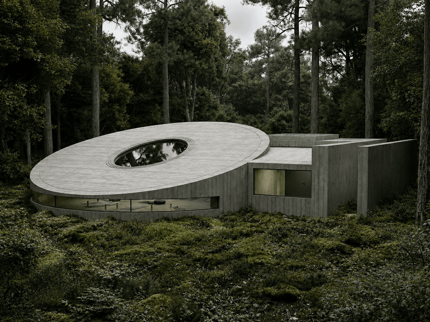 Meditation pavilion exterior: the oval concrete roof with its circular oculus cut, set low into the forest floor.