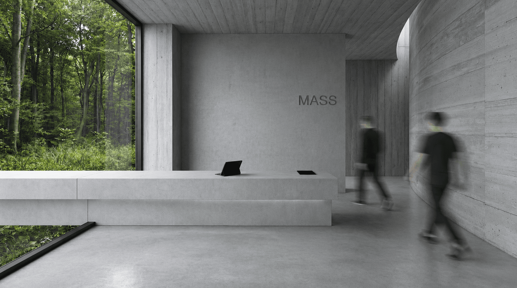 Reception: a concrete desk beneath the MASS lettering, a full-height forest window at left, two figures crossing the room.