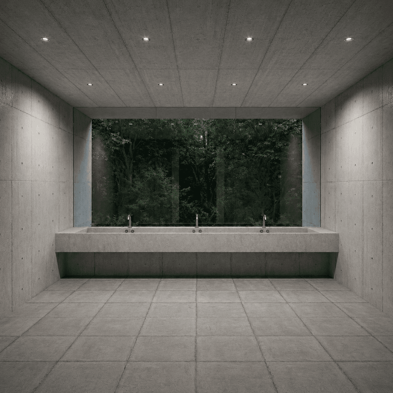 Washroom: a cantilevered concrete trough sink with three taps against a full-height forest window.