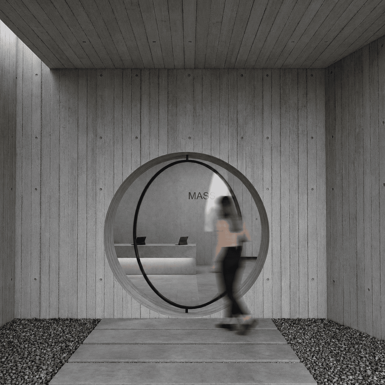 Entry threshold: a large circular pivot door in board-formed concrete, a figure stepping through toward the reception beyond.