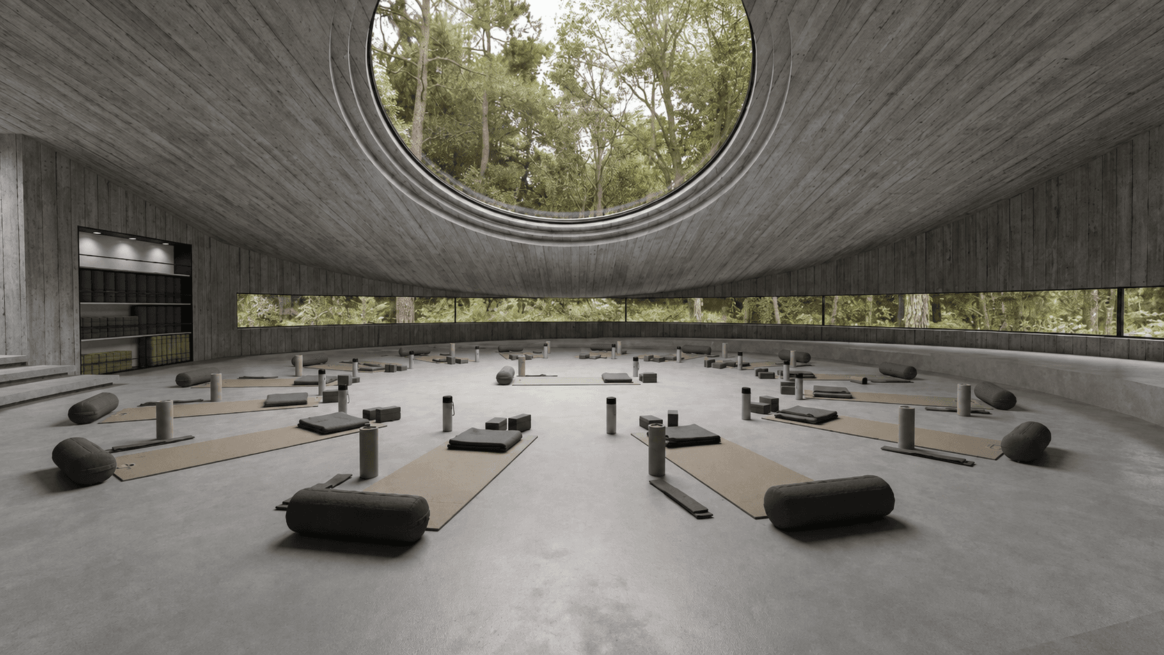 Meditation hall: the sloped concrete ceiling opening to the canopy through the wide oculus, daylight pooling on the mats below.