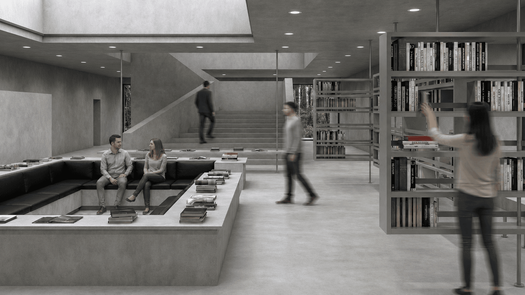 Reading room: a sunken concrete step seating area with a black leather sofa, a stair rising behind it and bookshelves at right.
