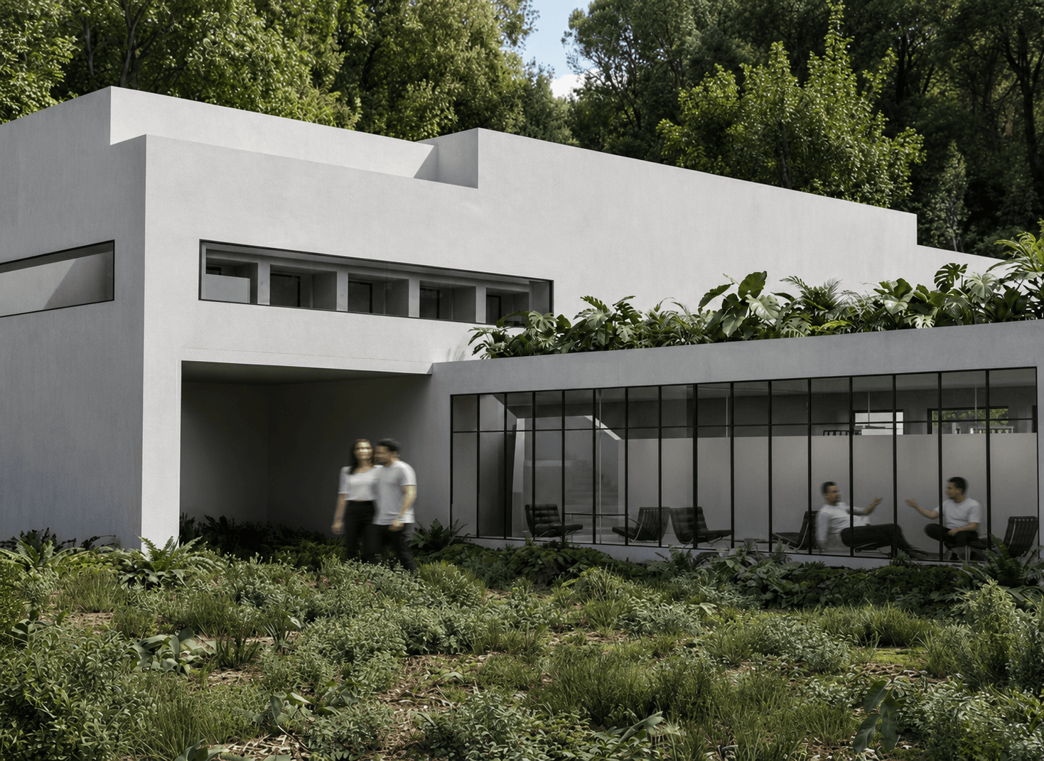A plastered garden wing of the reading pavilion, deep in the forest, visitors walking beneath its overhang toward a glazed lounge.