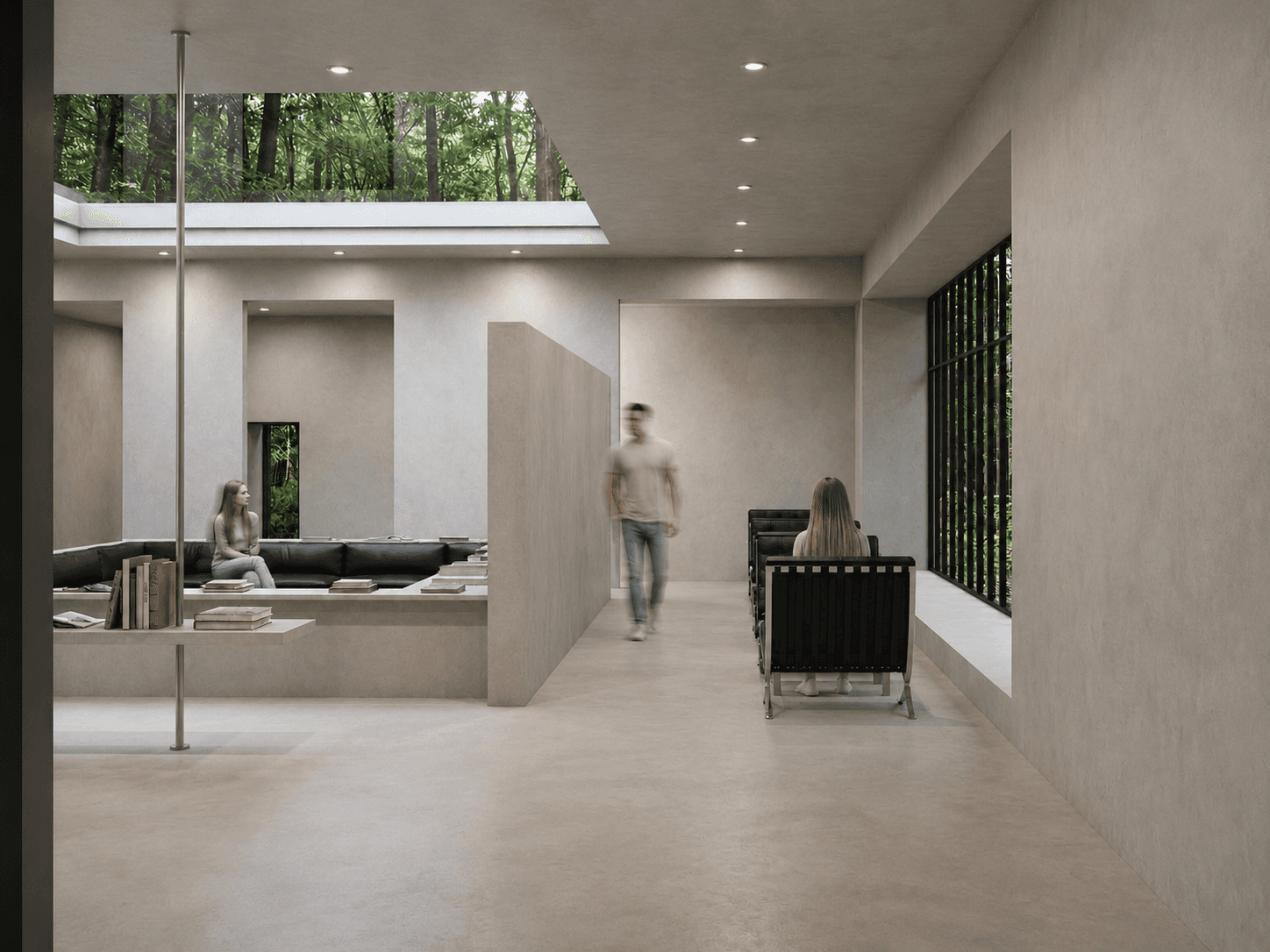 Reading room: a slot skylight and forest glazing lighting the sunken seating area from above and the side at once.