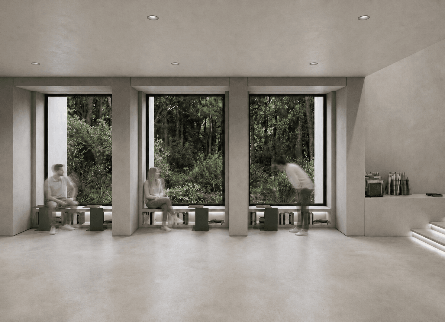 Reading room: three deep window bays with bench seating and book storage beneath, each framing the forest.