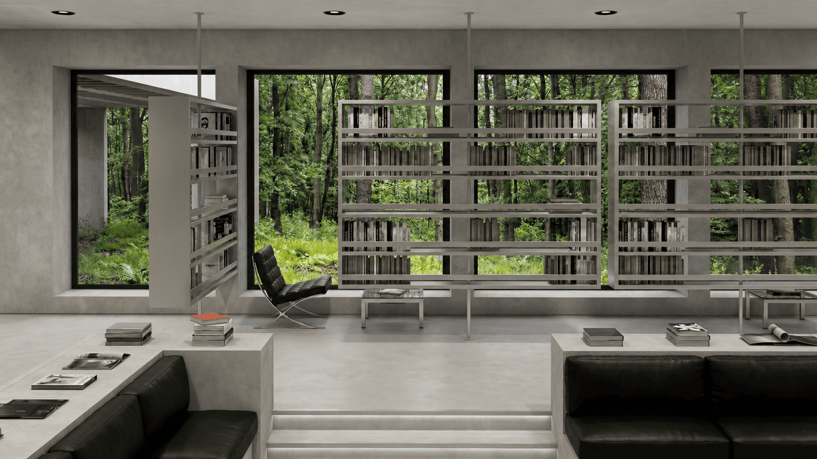 Reading room: a pivoting steel bookshelf beside sunken black sofas and a leather lounge chair, forest visible through the windows.