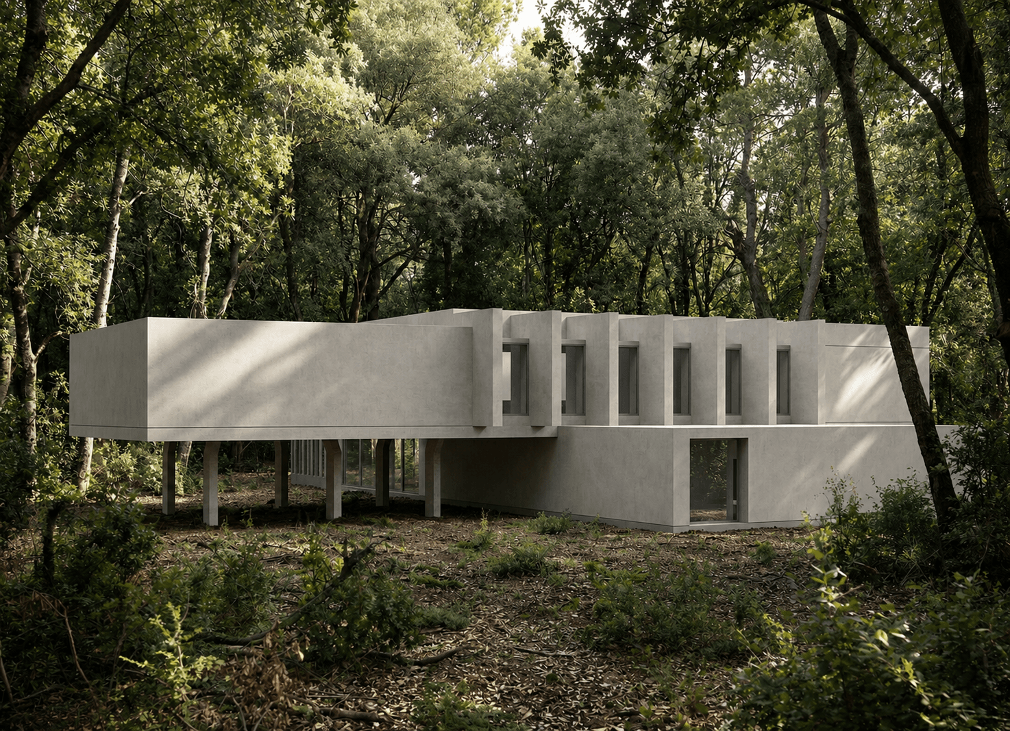 Reading pavilion: the raised volume on concrete columns, glazing glowing at ground level beneath the undercroft.