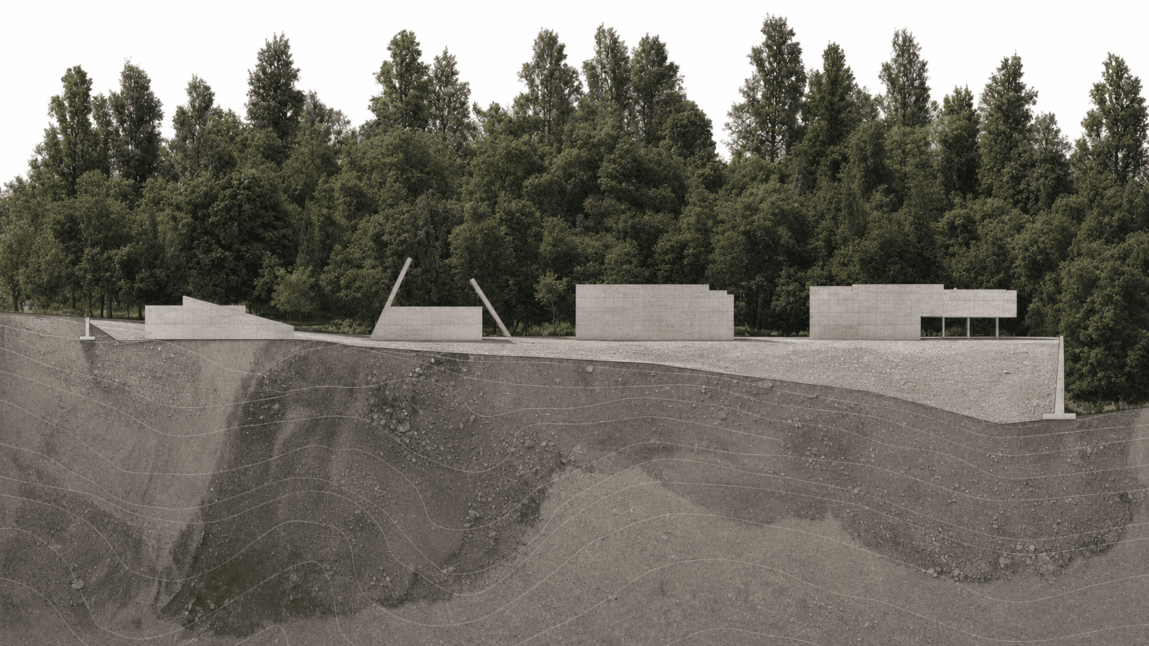 MASS terrain section render: the pavilion volumes stepping along the slope, kept low beneath the tree line, rendered in daylight.