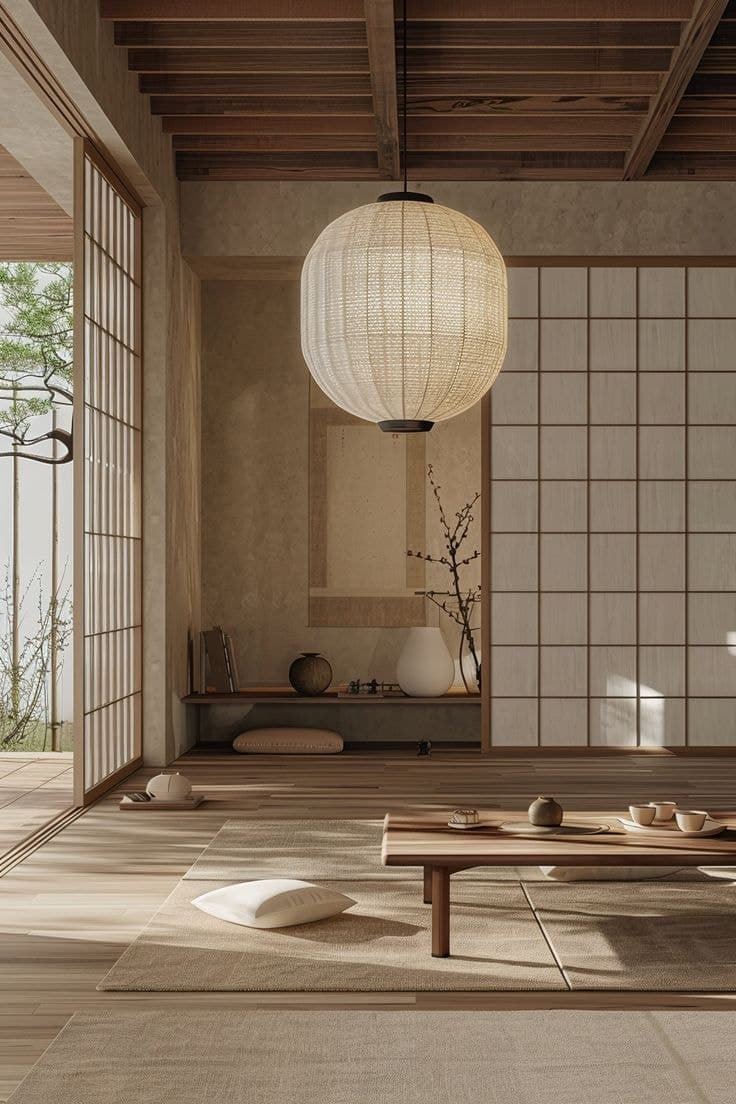 A paper lantern over a low table in a timber and paper room.