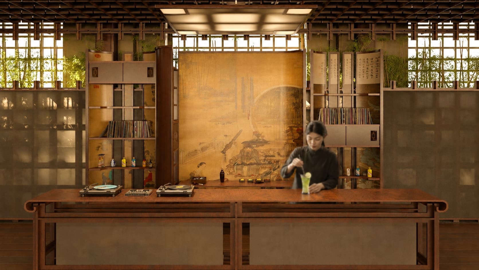 The bar counter with a painted screen behind it.
