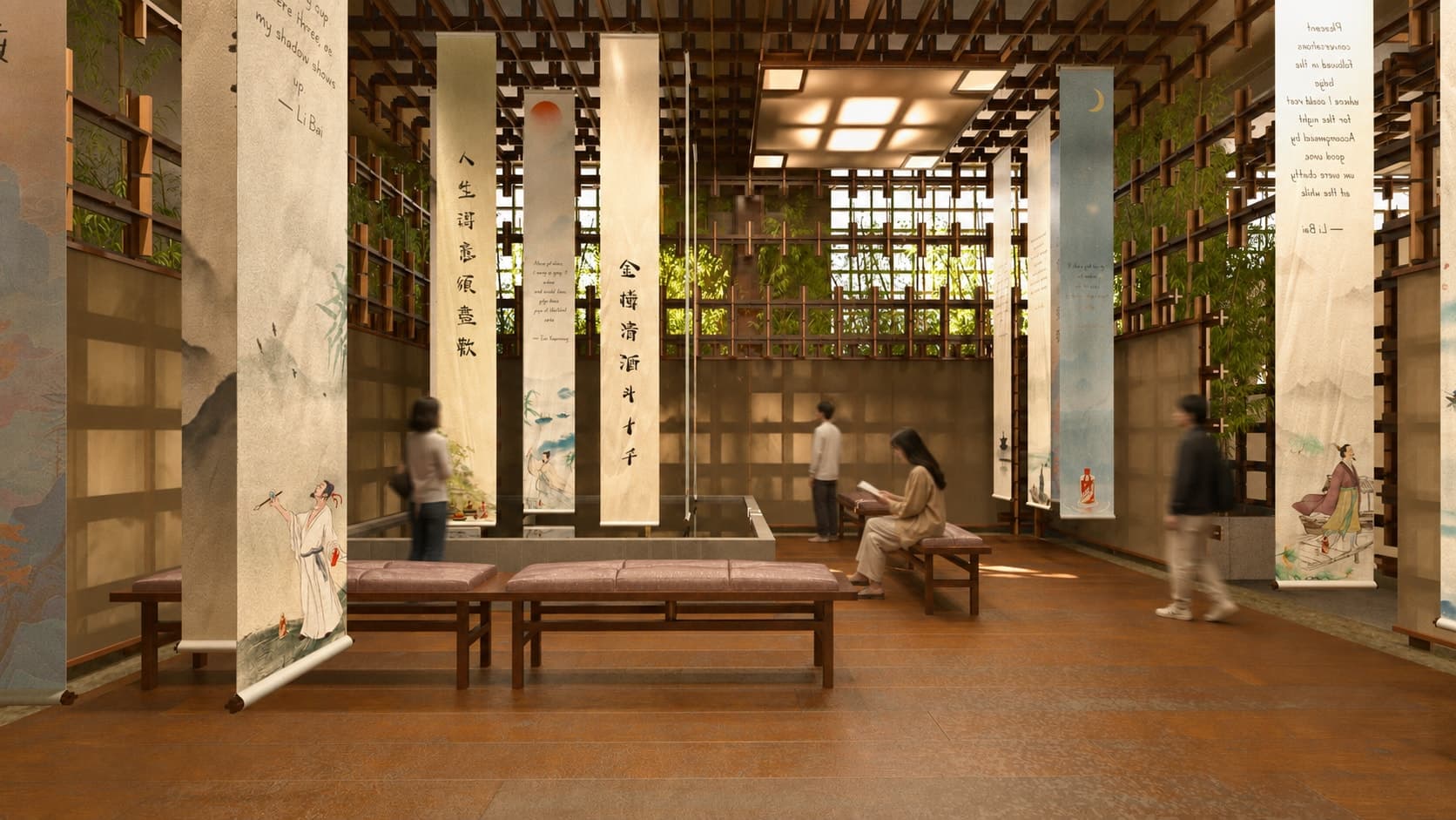 The flagship exhibition hall: a timber colonnade hung with painted scrolls, low benches between the columns, daylight washing the far wall.