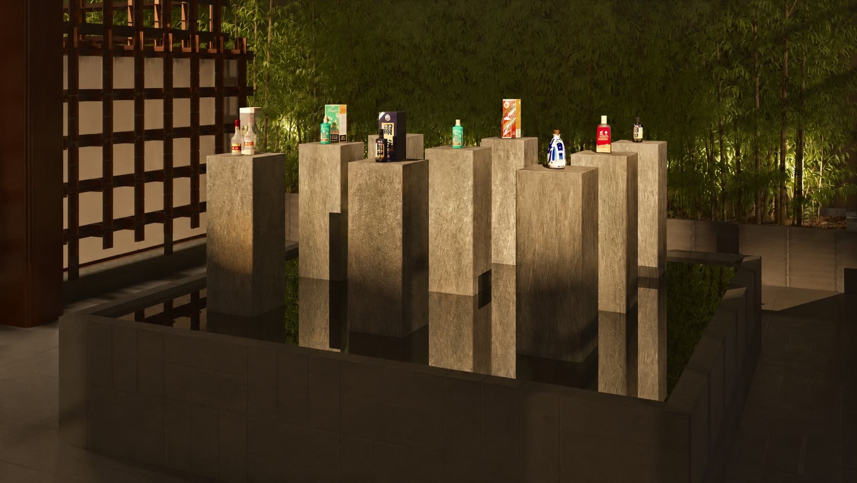 Stone columns carrying single bottles, bamboo massed behind them.