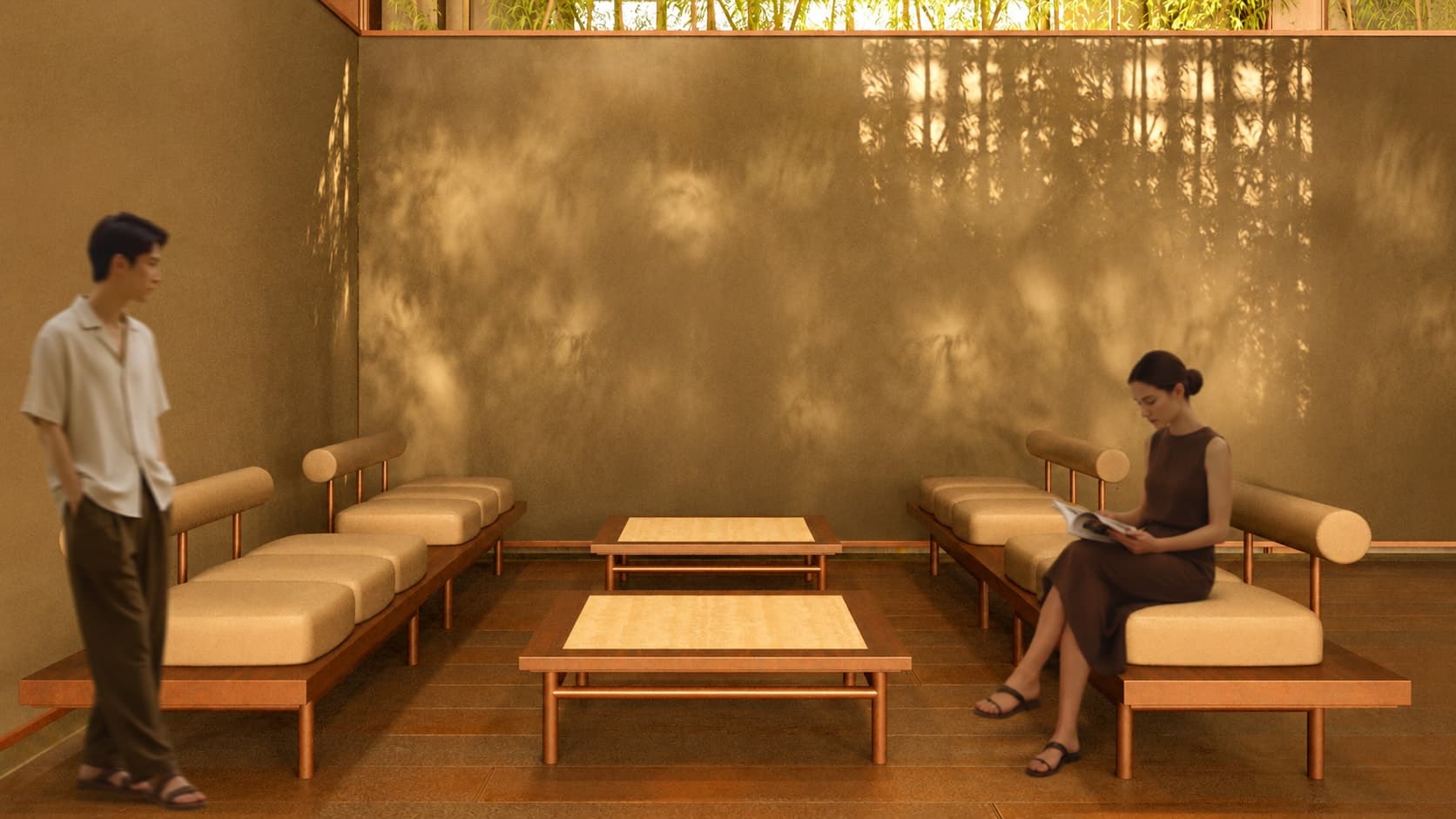 A pavilion seating bay: low benches against a rice-paper wall carrying the shadow of the grid.