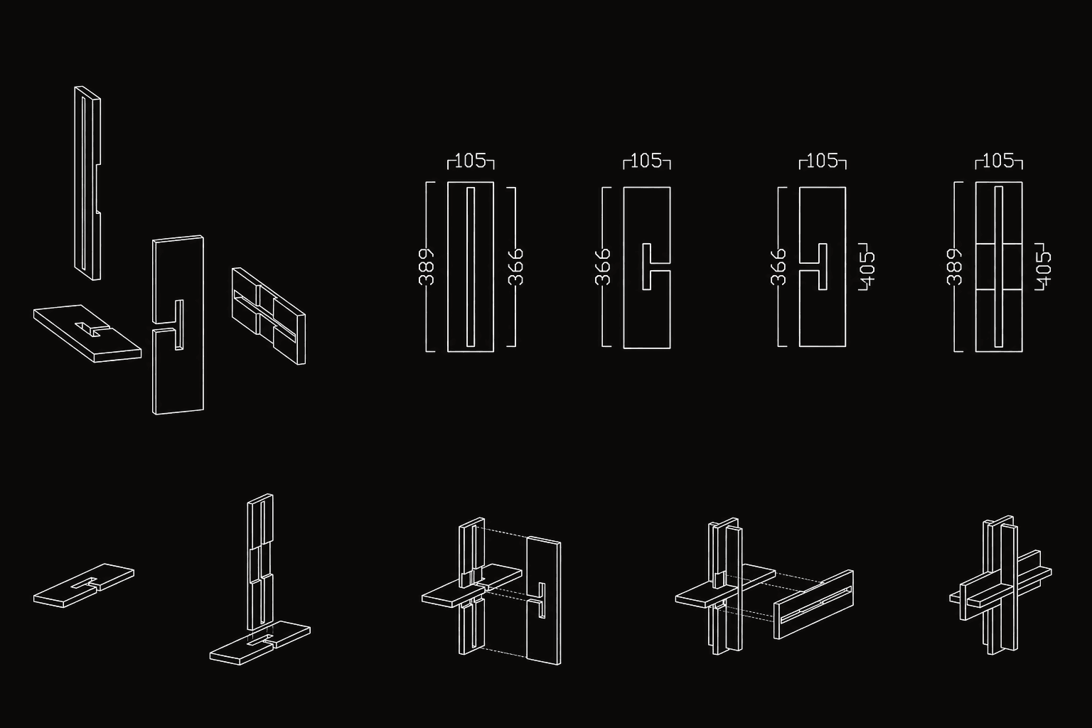 Mortise and tenon components drawn separately and assembled, with member dimensions in millimetres.