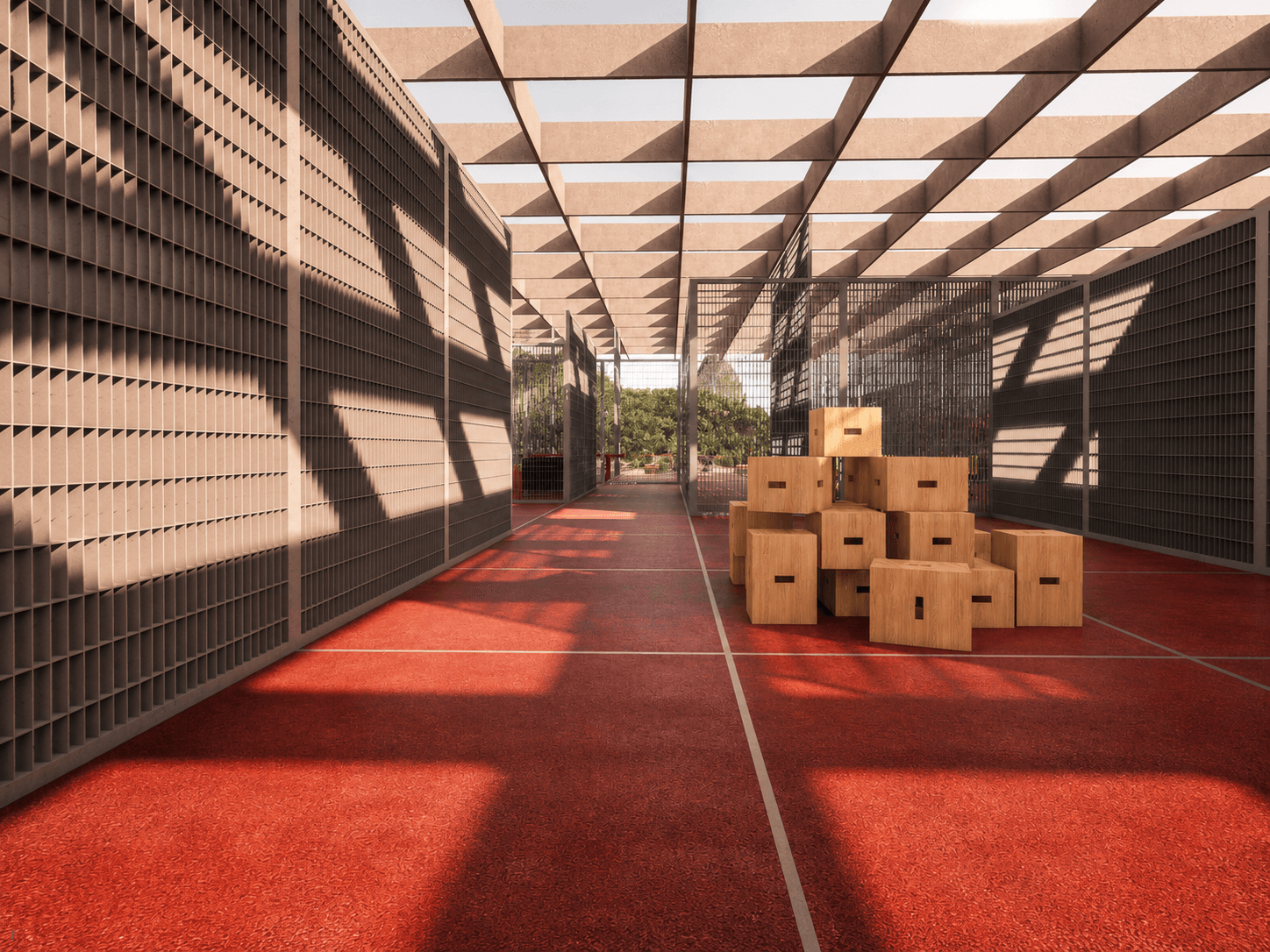 A dark corridor formed entirely of woven metal screen walls, raking sunlight cutting bars of shadow across the red floor.
