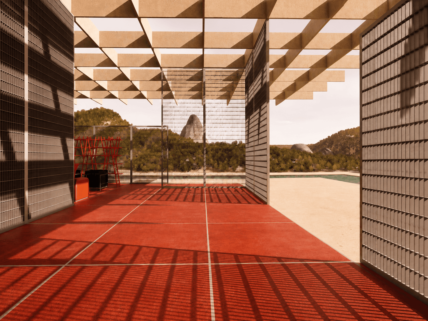 Mesh screens parting at a threshold, opening the interior to the desert landscape beyond.