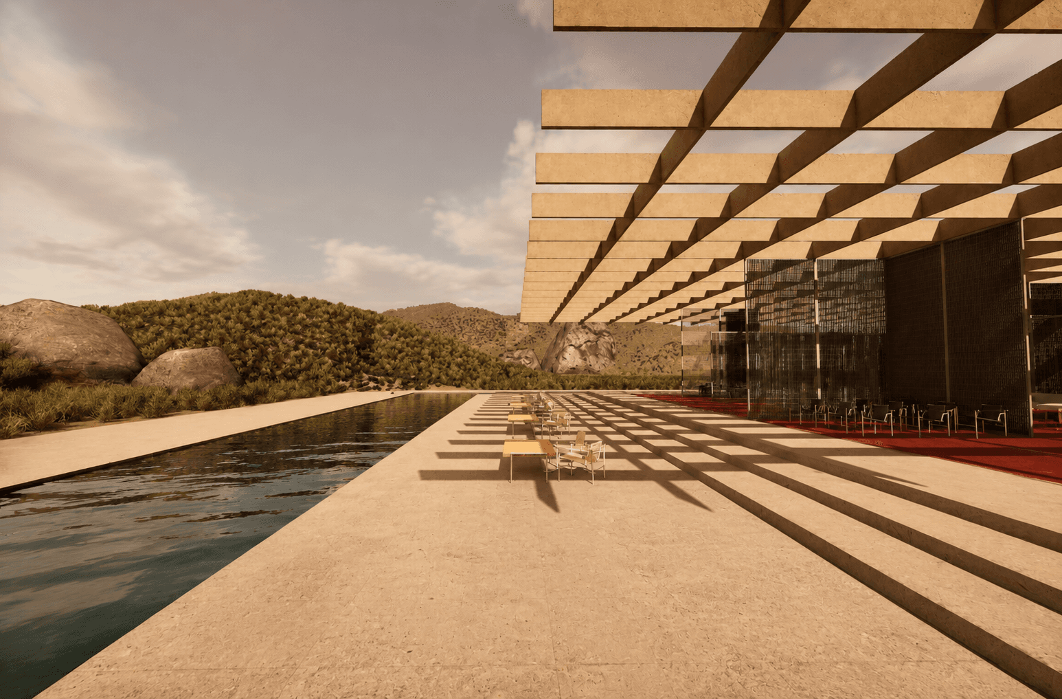 A long view down the pool beside the mesh screen wall, the canopy's shadow grid falling across the terrace.