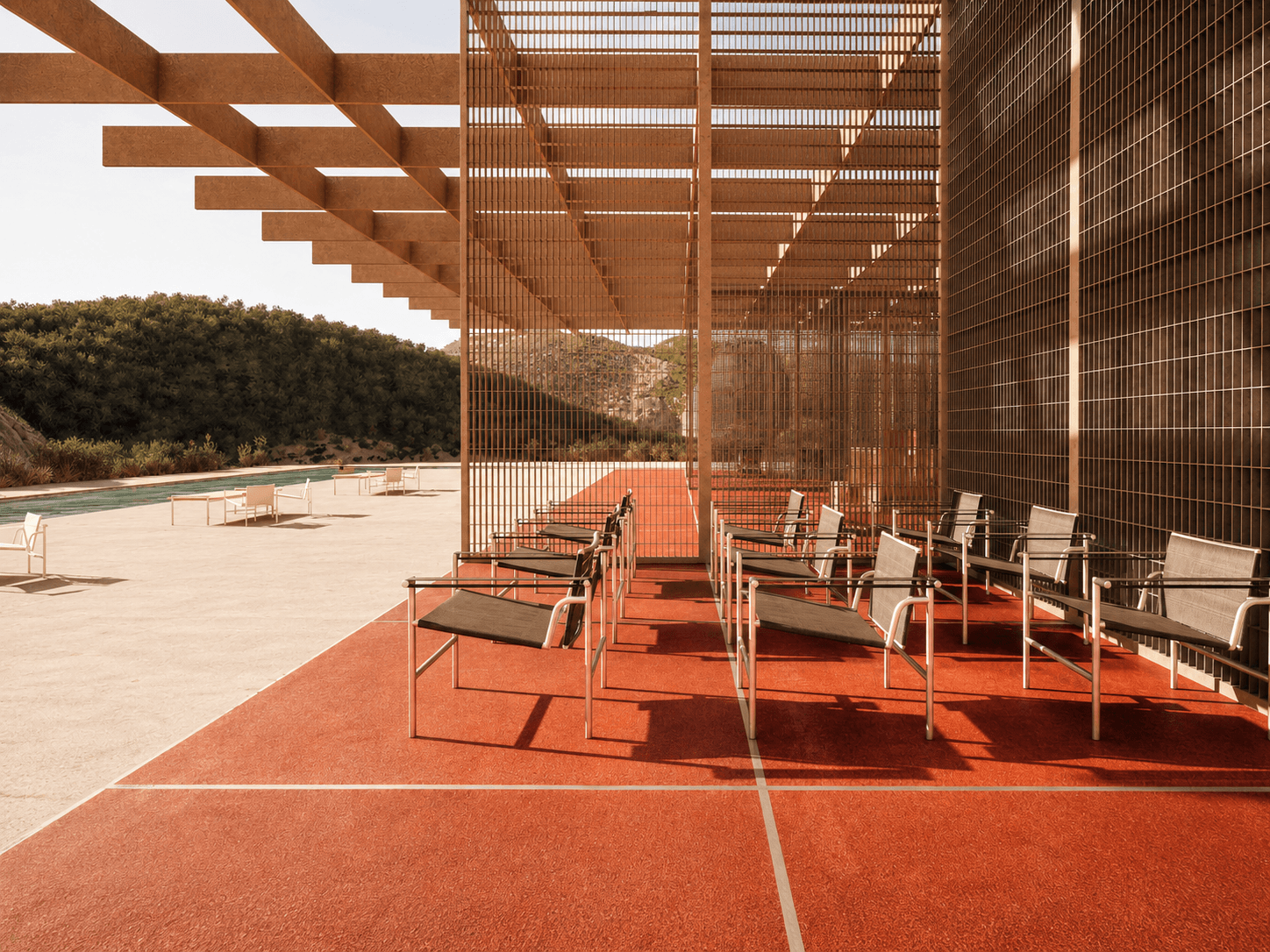 A row of tubular-frame chairs on the covered terrace, the pool visible beyond.