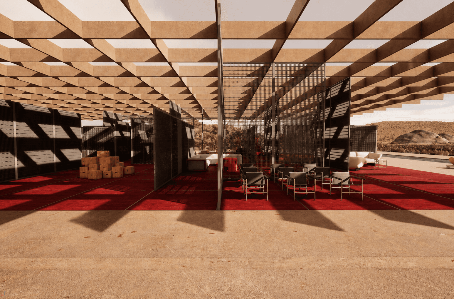 A wide interior view of the furniture field under the full coffered ceiling grid.