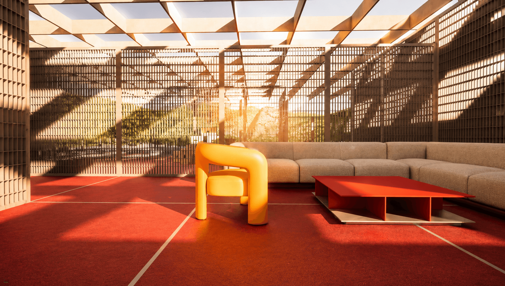 A sunset lounge setting with a cream sofa and a yellow tubular chair.