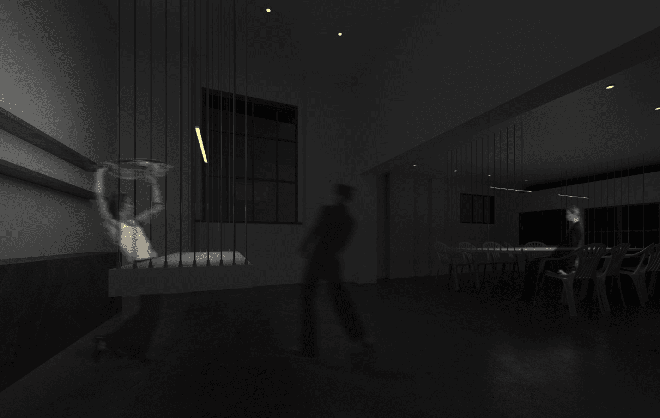 A field of thin rods suspended from the ceiling over a lit platform, figures moving through the dark room beyond.