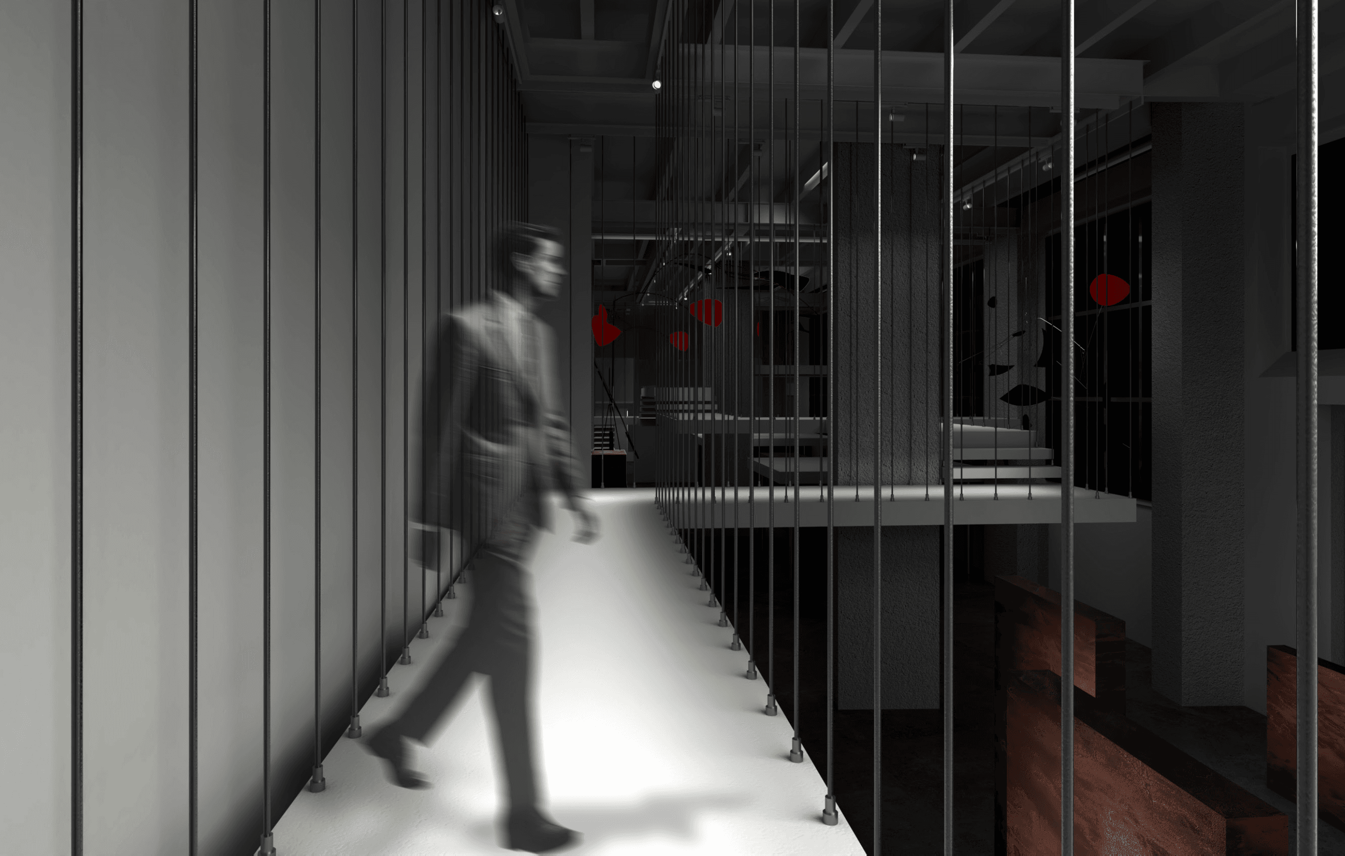 A figure crossing a lit catwalk between two planes of suspended rods, red mobile vanes visible in the dark beyond.