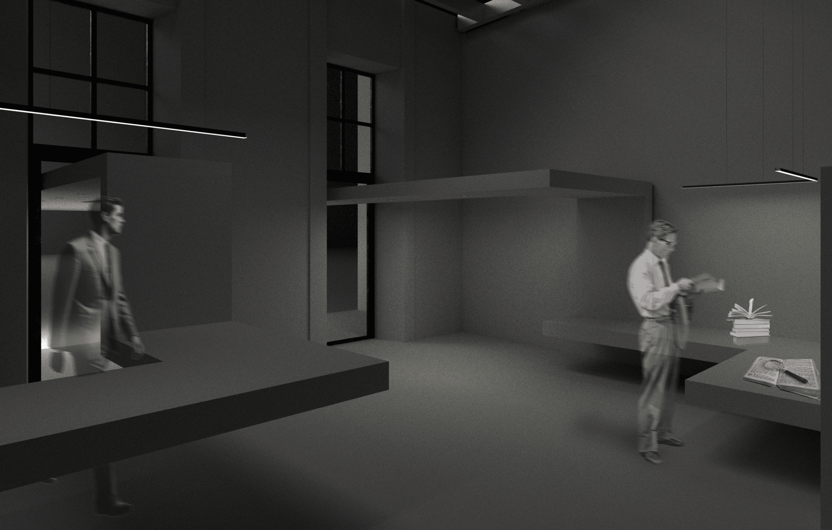 The entrance in low light: a figure stepping in through a lit doorway on the left, a man reading at a low cantilevered counter on the right, linear lights hanging in the dark grey room.