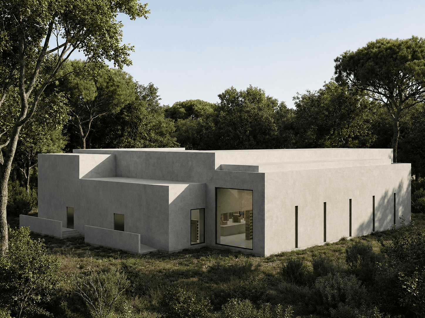 Exhibition pavilion: a long low concrete volume in dense forest, the gallery lit and visible through the corner glazing.