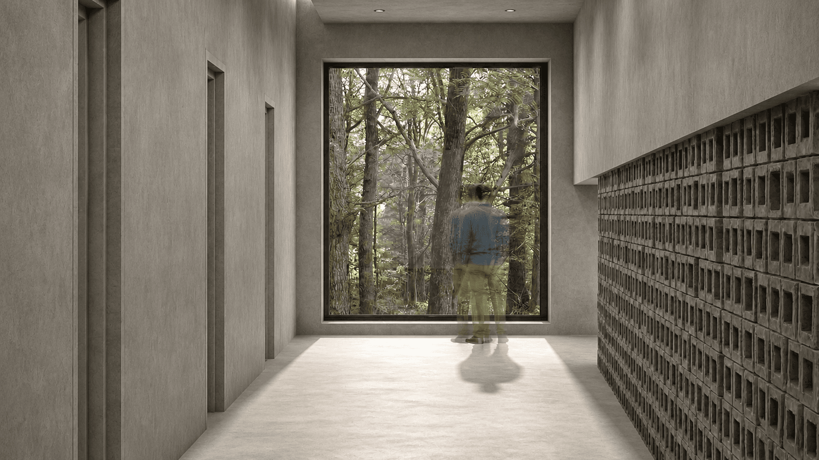 Exhibition corridor: a figure at a full-height forest window, daylight filtering through the perforated stone block wall alongside.