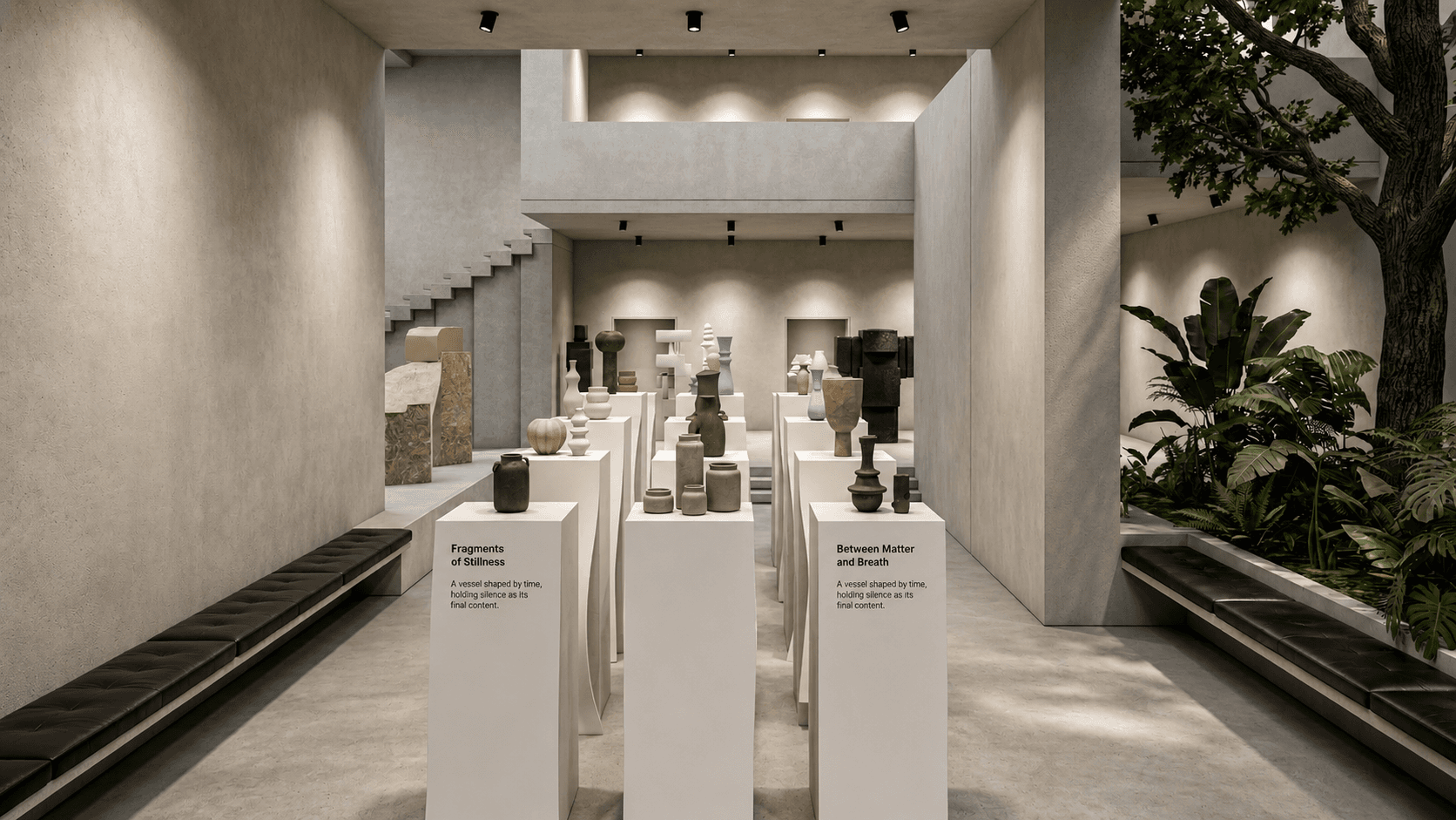 Ceramic vessels on labeled white plinths in rows, an interior garden of ferns and a mature tree at right.