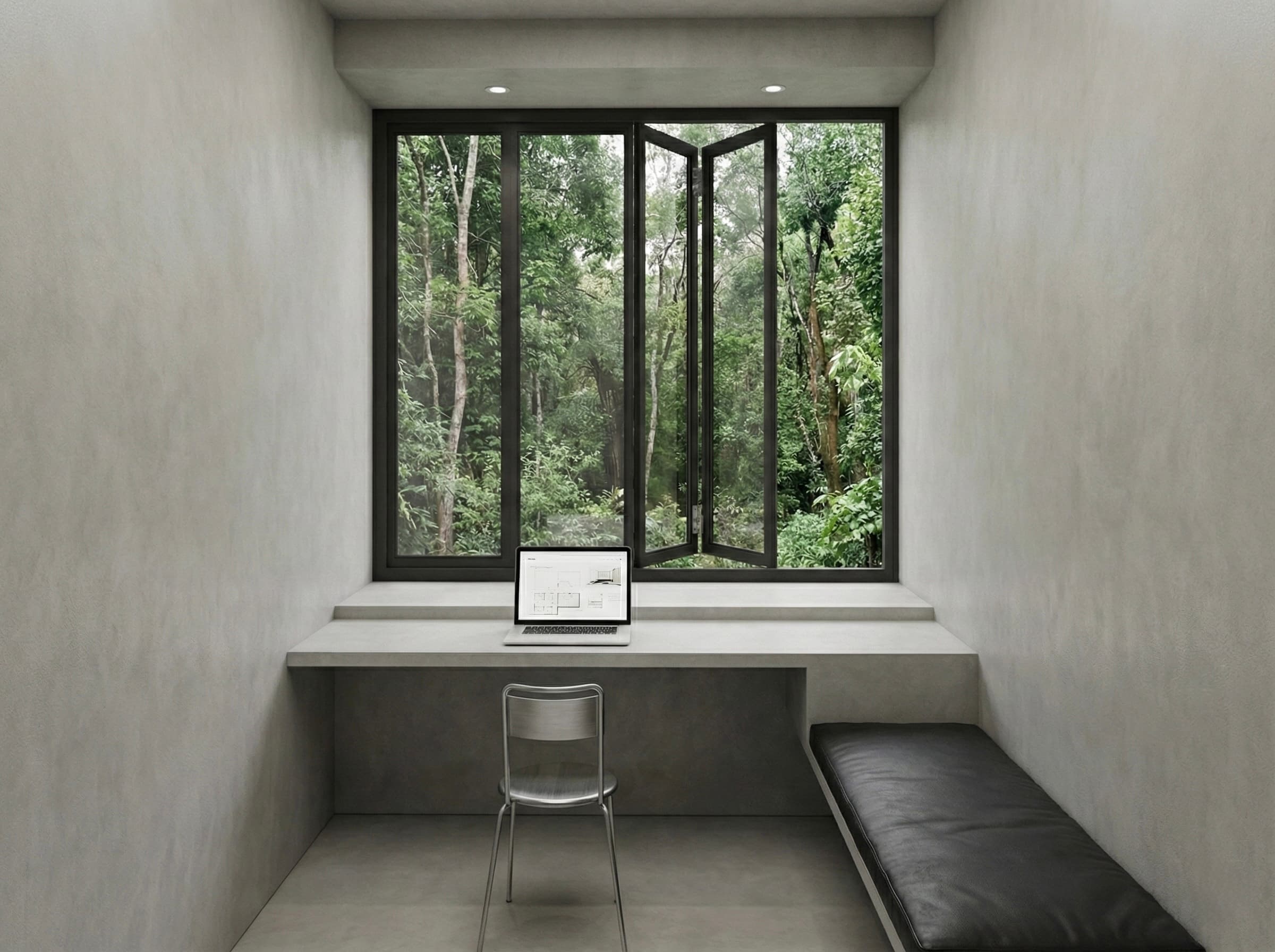 A private study cell: a concrete desk built beneath a folding window opening to the forest, one chair and a black leather daybed.